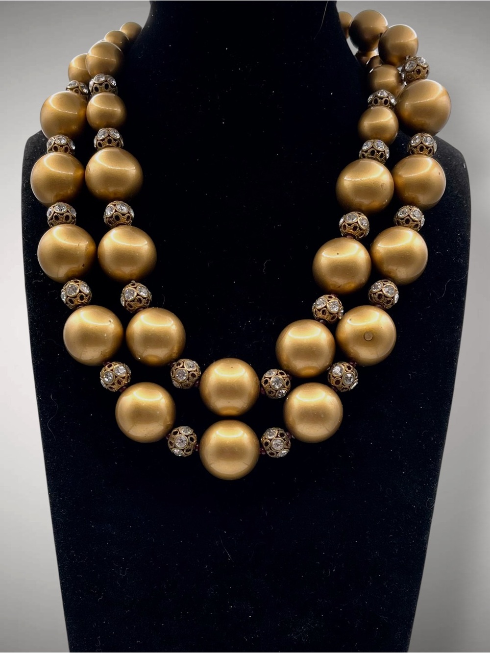 Vintage Mid Century Gold Tone Double Strand Beaded Statement Choker Necklace